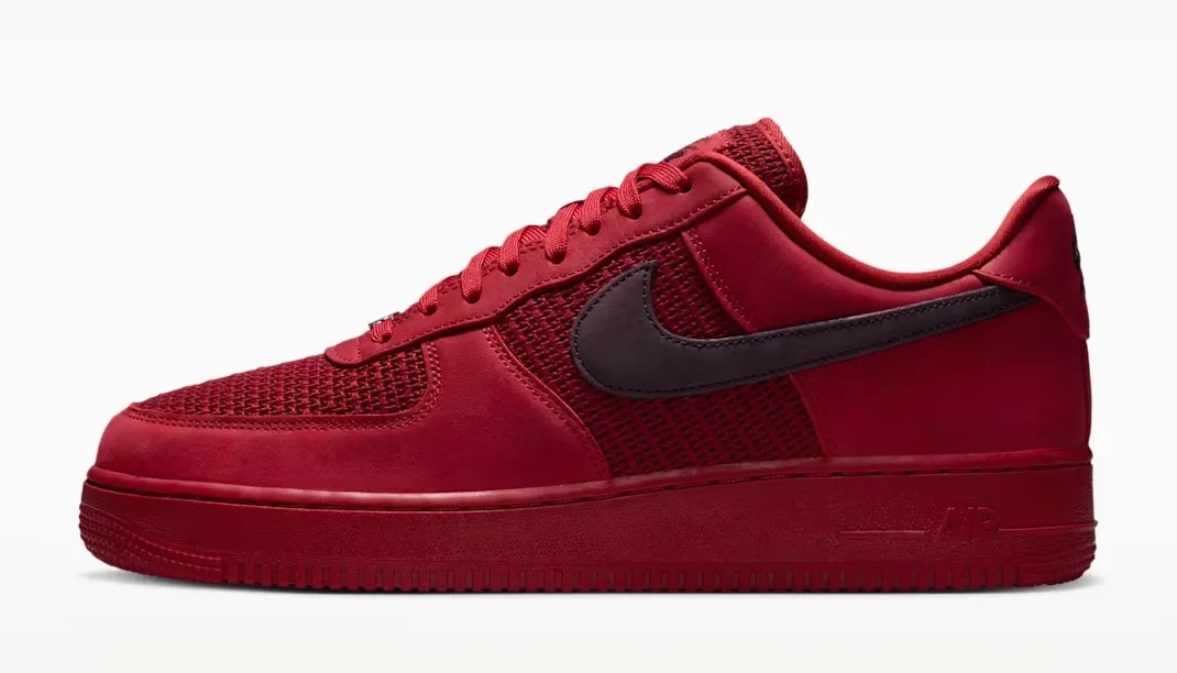 Left side profile of the Nike Air Force 1 Low "Tough Red" sneaker in Tough Red, Team Red and Metallic Silver.