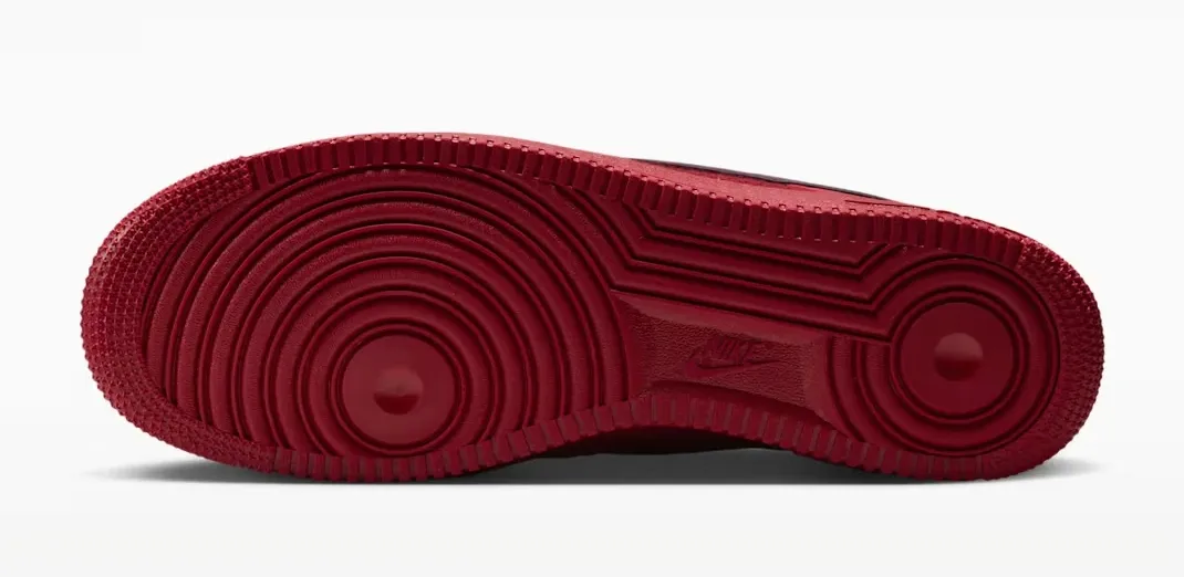 Outsole view of the Nike Air Force 1 Low "Tough Red" in Tough Red, Team Red and Metallic Silver.