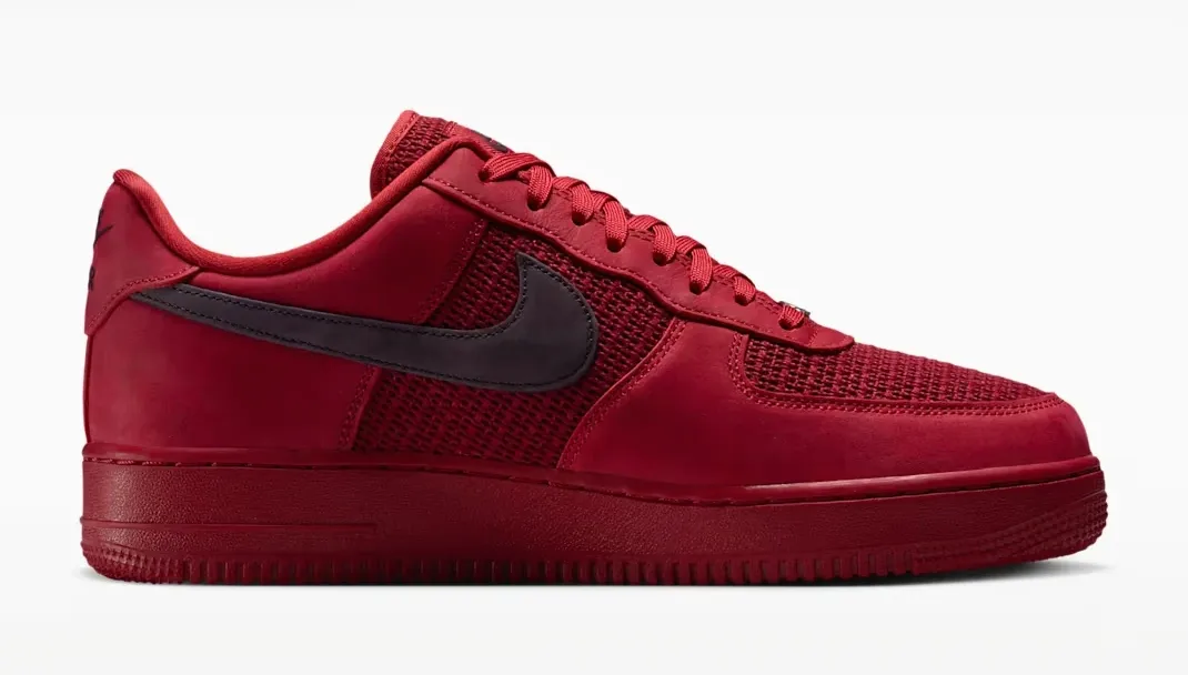Right side profile of the Nike Air Force 1 Low "Tough Red" sneaker in Tough Red, Team Red and Metallic Silver.
