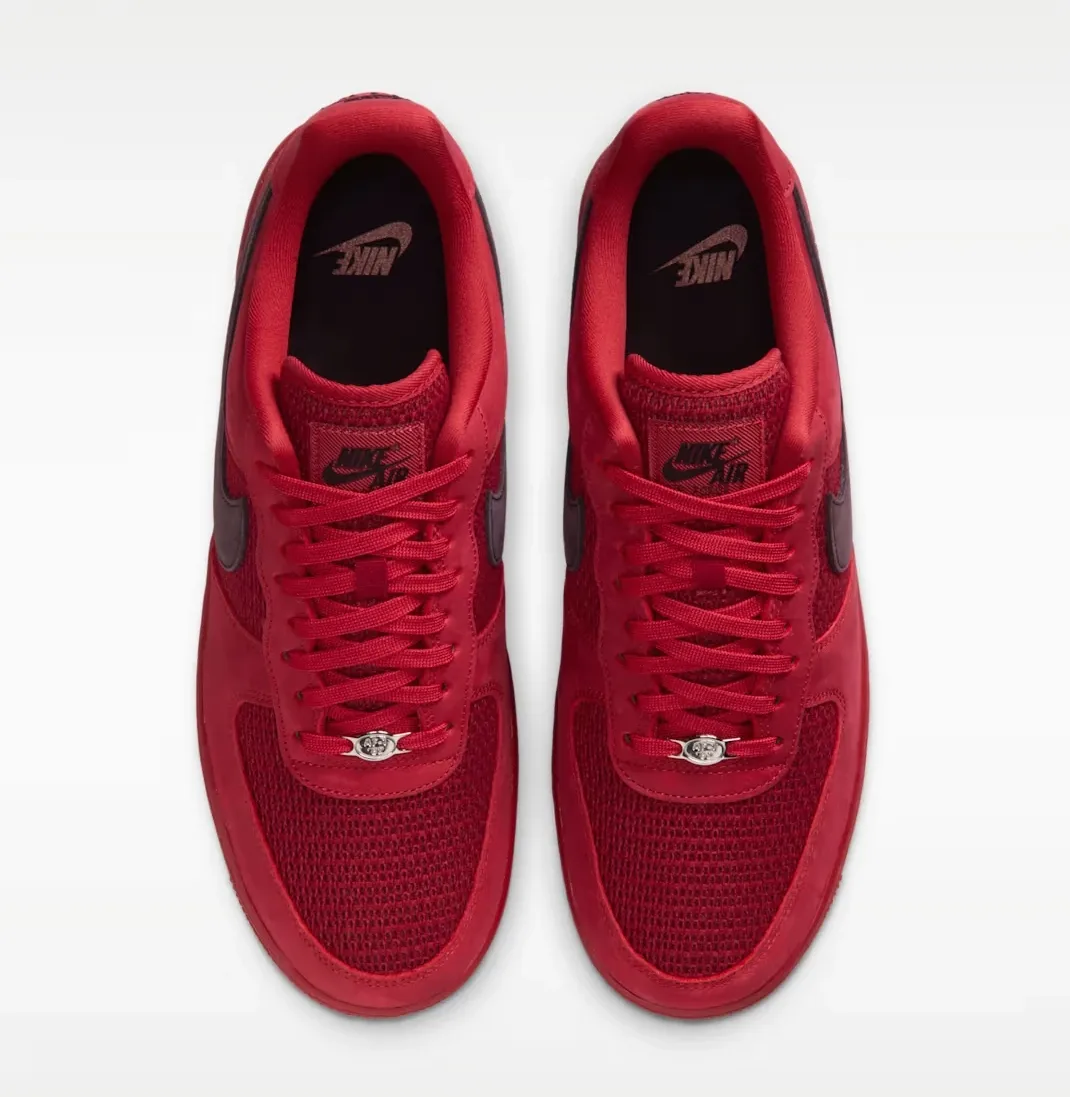 Top view of the Nike Air Force 1 Low "Tough Red" sneakers in Tough Red, Team Red and Metallic Silver.