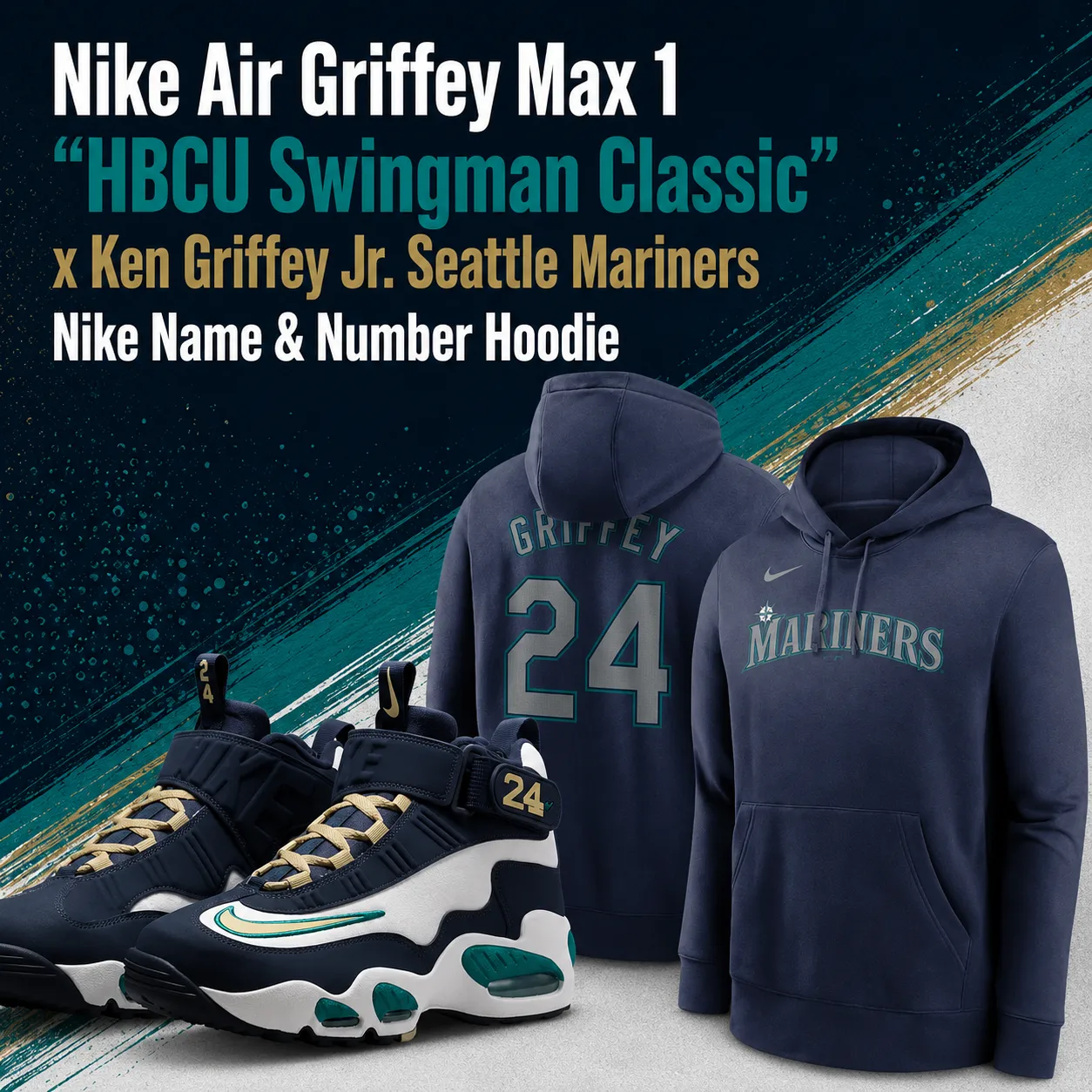 Nike Air Griffey Max 1 "HBCU Swingman Classic" sneakers paired with the Ken Griffey Jr. Seattle Mariners Nike Name & Number Hoodie on a navy, teal and gold textured background with the product title displayed.