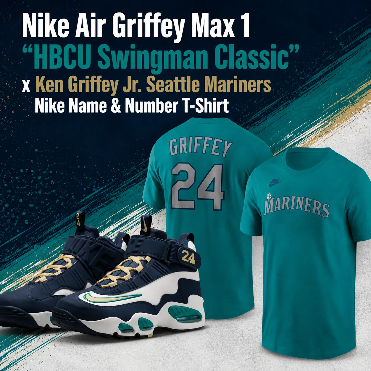 Nike Air Griffey Max 1 "HBCU Swingman Classic" sneakers paired with a teal Seattle Mariners Ken Griffey Jr. Nike Name & Number T-shirt for a matching outfit.
