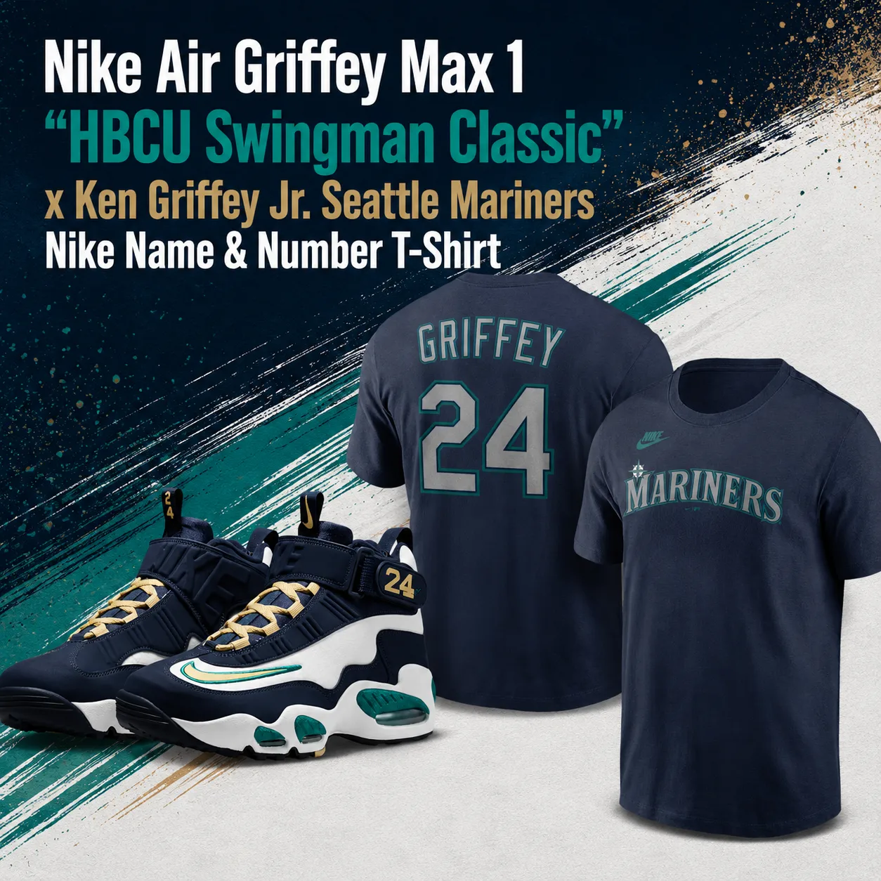 Nike Air Griffey Max 1 "HBCU Swingman Classic" sneakers paired with a navy Seattle Mariners Ken Griffey Jr. Nike Name & Number T-shirt for a matching outfit.