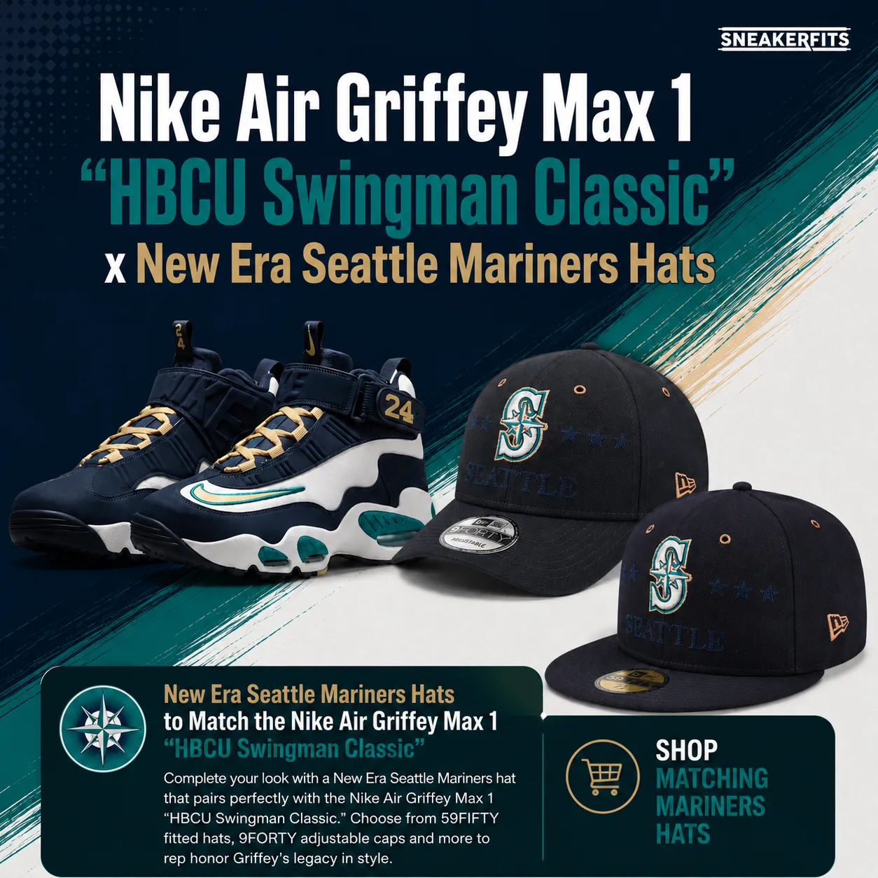 Nike Air Griffey Max 1 "HBCU Swingman Classic" sneakers paired with New Era Seattle Mariners hats in a SneakerFits outfit guide graphic.