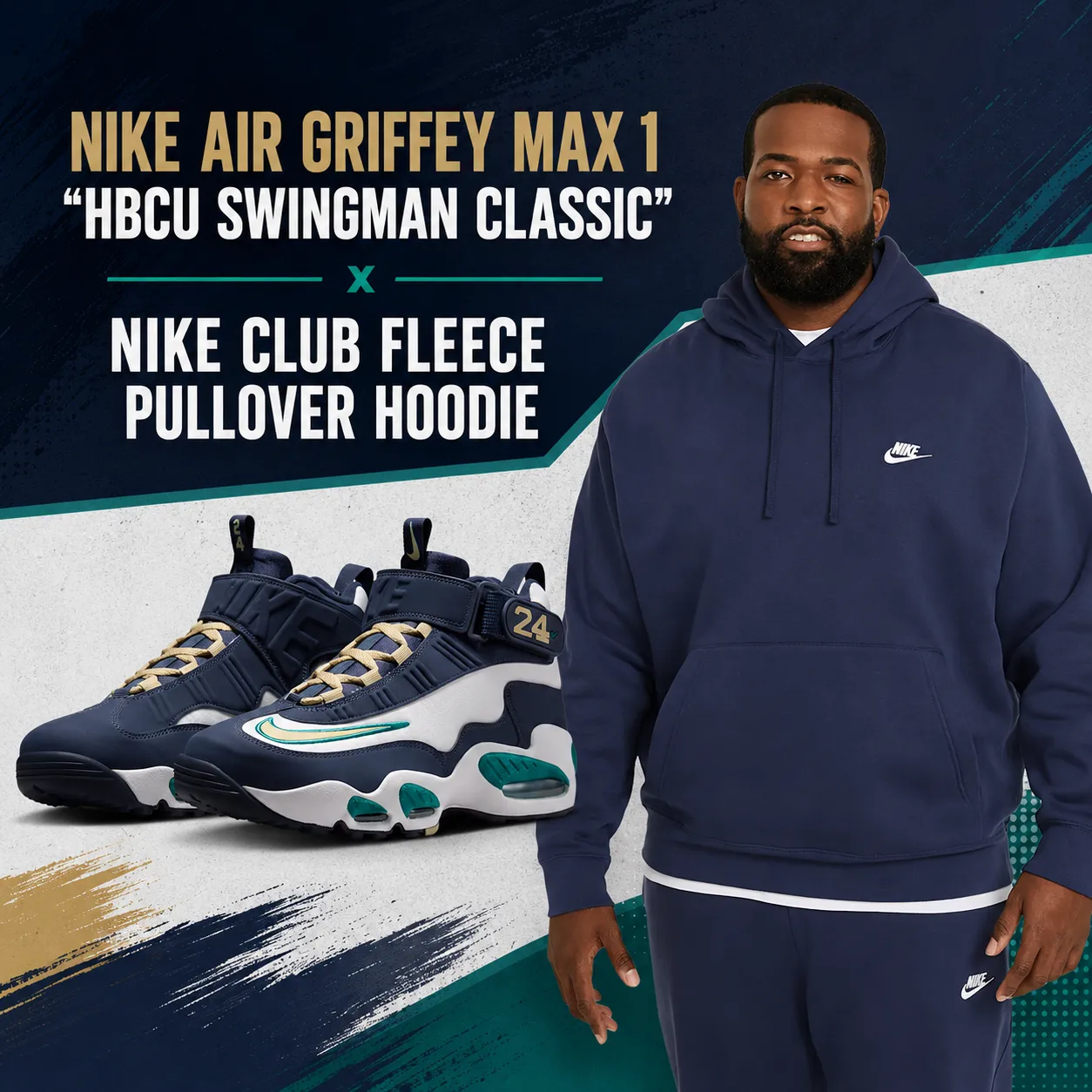 Nike Air Griffey Max 1 "HBCU Swingman Classic" sneakers paired with a model wearing a Nike Club Fleece Pullover Hoodie on a navy and teal inspired background.