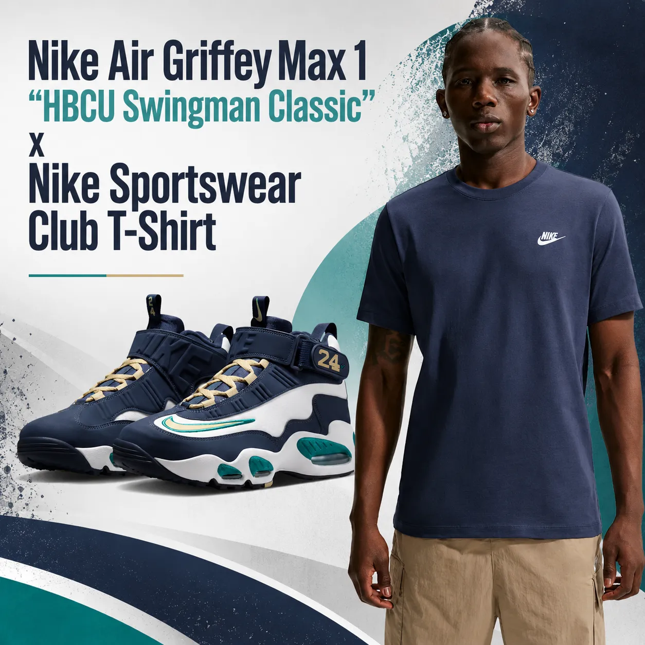Nike Air Griffey Max 1 "HBCU Swingman Classic" sneakers paired with a Midnight Navy Nike Sportswear Club T-Shirt for a clean matching outfit idea.