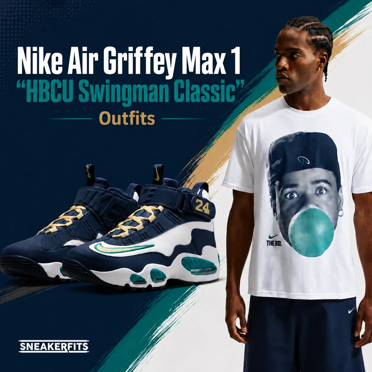 Nike Air Griffey Max 1 "HBCU Swingman Classic" outfits featuring the sneakers, a matching Ken Griffey Jr. graphic T-shirt, and subtle SneakerFits branding.
