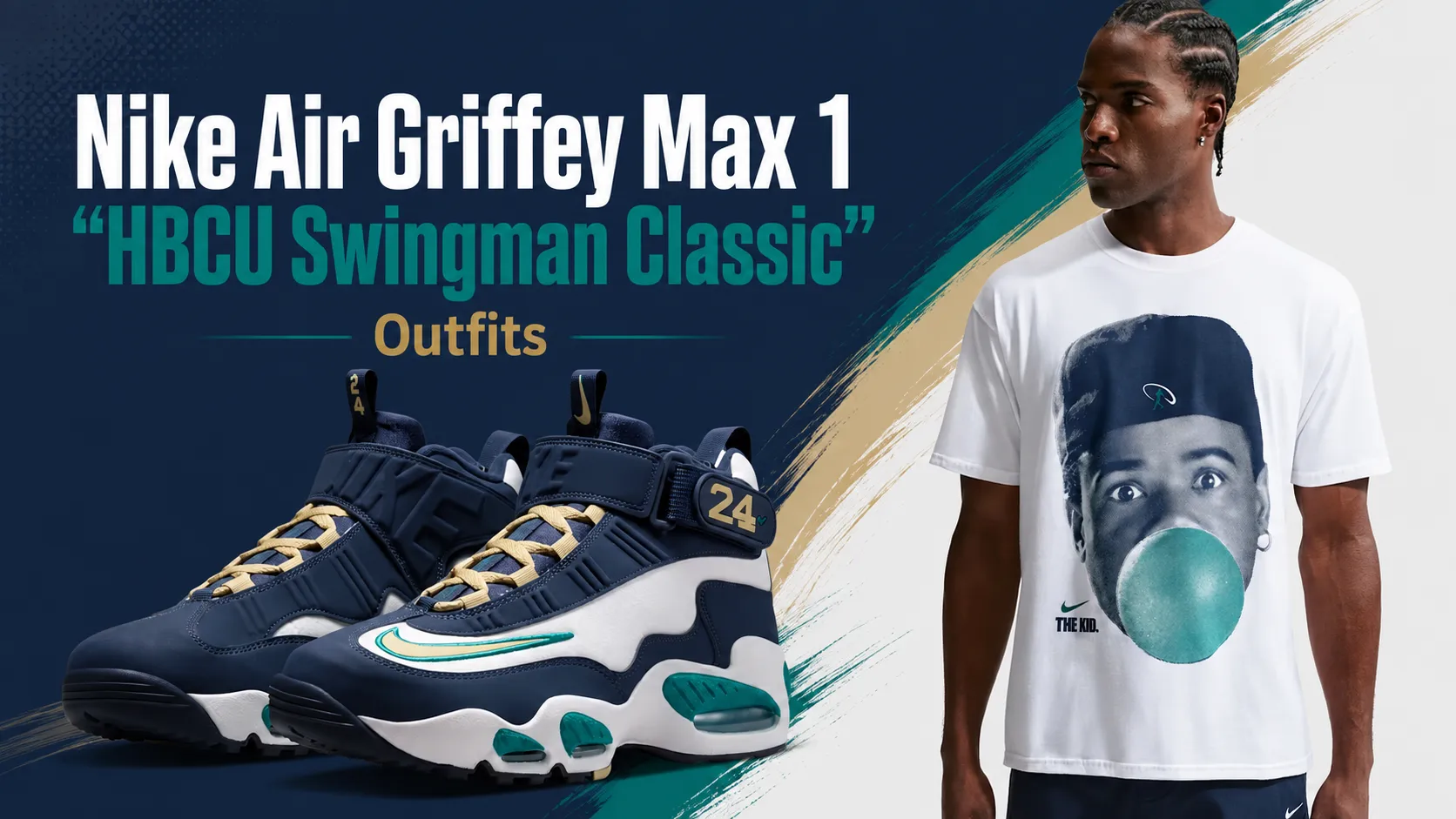Nike Air Griffey Max 1 "HBCU Swingman Classic" sneakers with matching Nike Sportswear Ken Griffey Jr. T-shirt featured in a complete outfit inspiration graphic.