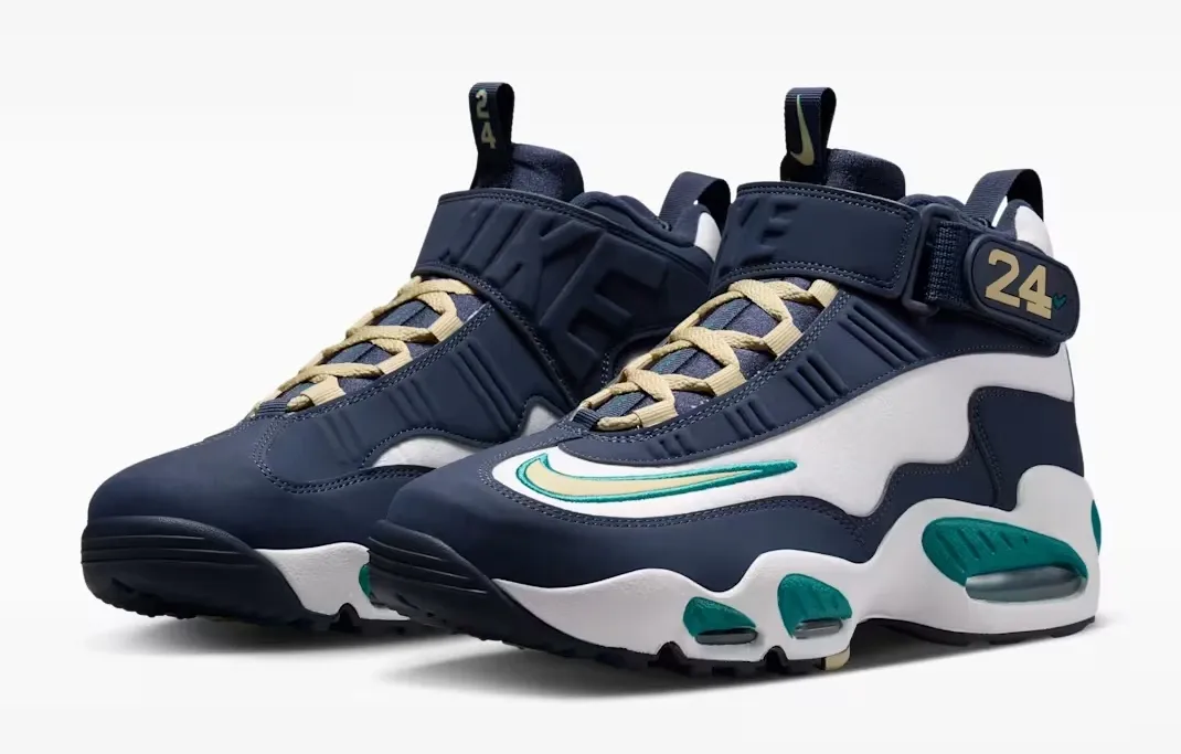 Angled view of a pair of Nike Air Griffey Max 1 "HBCU Swingman Classic" sneakers.
