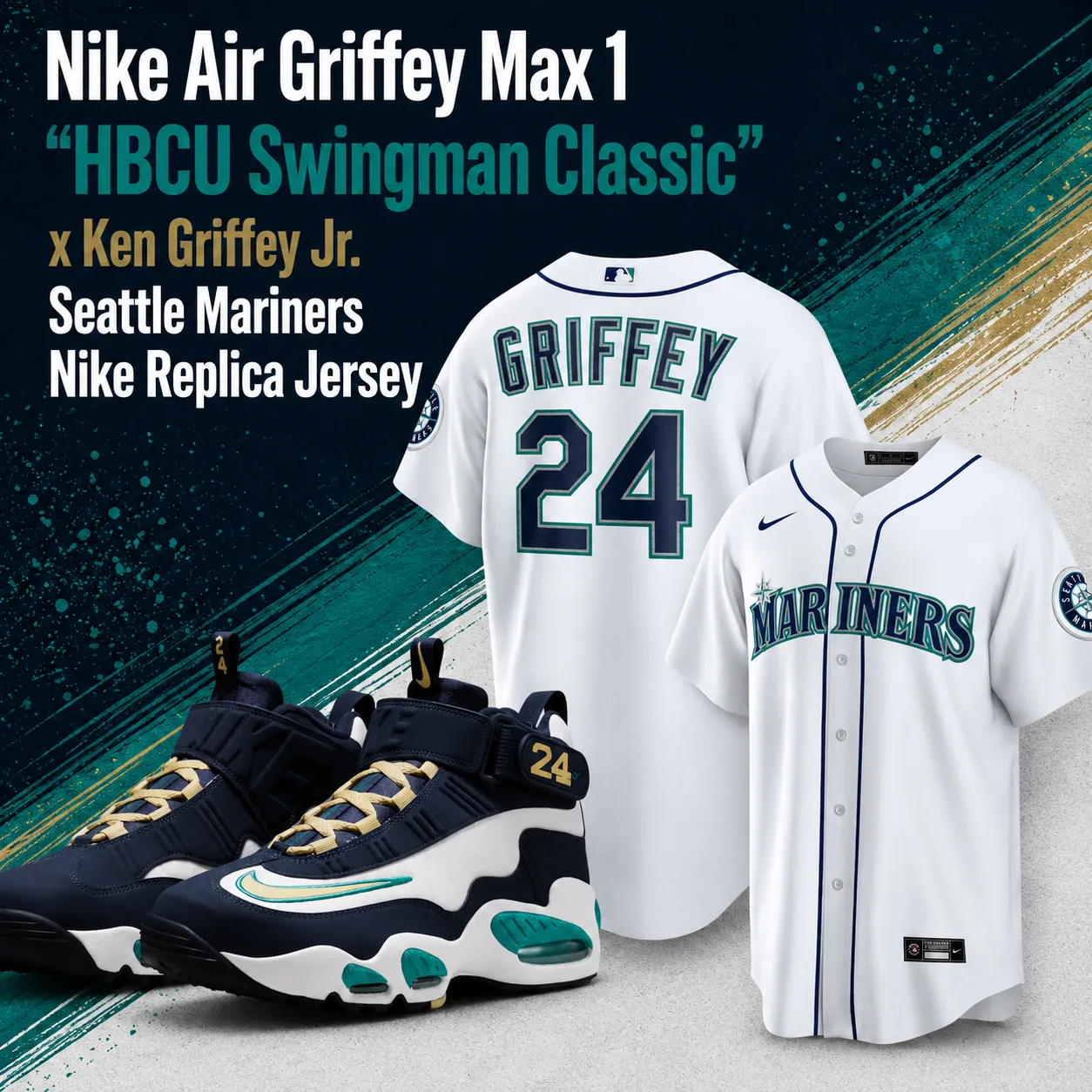 Nike Air Griffey Max 1 "HBCU Swingman Classic" sneakers paired with the Ken Griffey Jr. Seattle Mariners Nike Replica Jersey for a matching outfit idea.