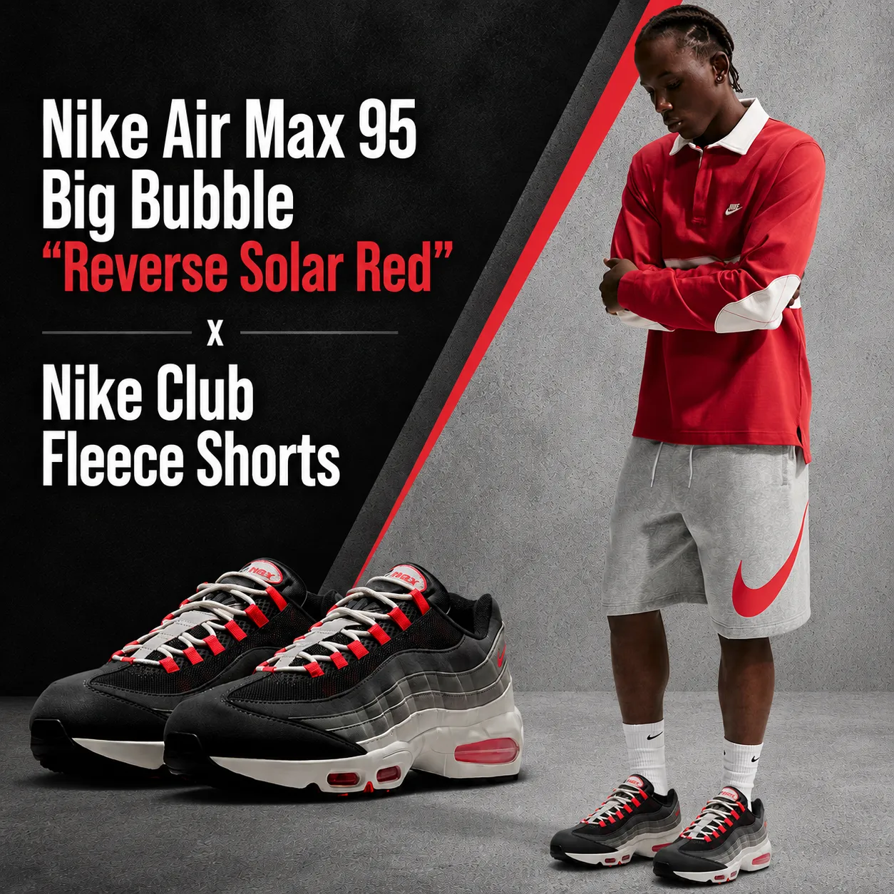 Nike Air Max 95 Big Bubble "Reverse Solar Red" sneakers paired with Nike Club Fleece Shorts and matching Nike apparel in a complete outfit inspiration graphic.
