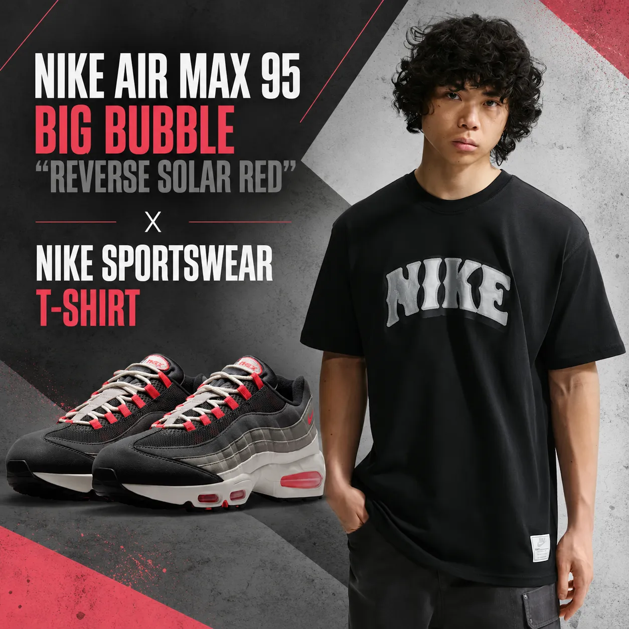 Nike Air Max 95 Big Bubble "Reverse Solar Red" sneakers paired with a black Nike Sportswear T-Shirt in a matching outfit inspiration graphic.