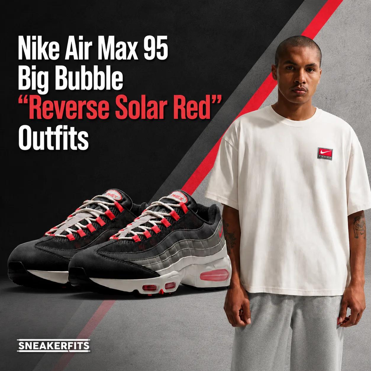 Nike Air Max 95 Big Bubble "Reverse Solar Red" Outfits graphic featuring the sneakers, matching Nike apparel and the SneakerFits logo.