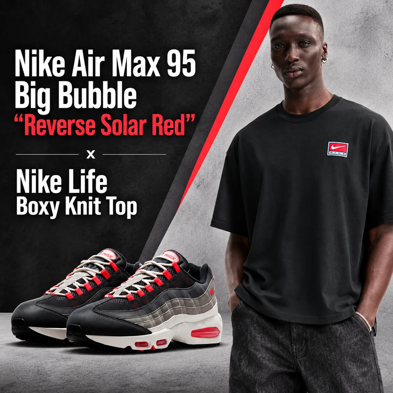 Nike Air Max 95 Big Bubble "Reverse Solar Red" paired with the Nike Life Boxy Knit Top in Black for a matching outfit idea.