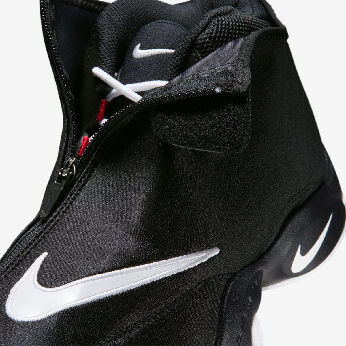 Close-up of the zippered shroud on the Nike Air Zoom Flight "The Glove" in Black, White and University Red.