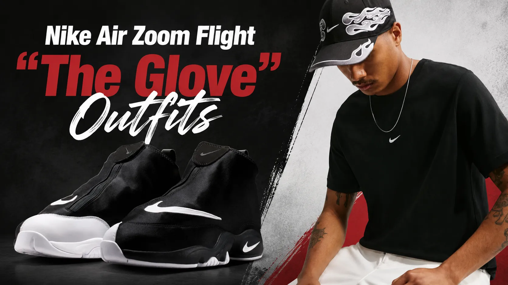 Nike Air Zoom Flight "The Glove" sneakers in Black, White and University Red alongside matching Nike Sportswear apparel for outfit inspiration.