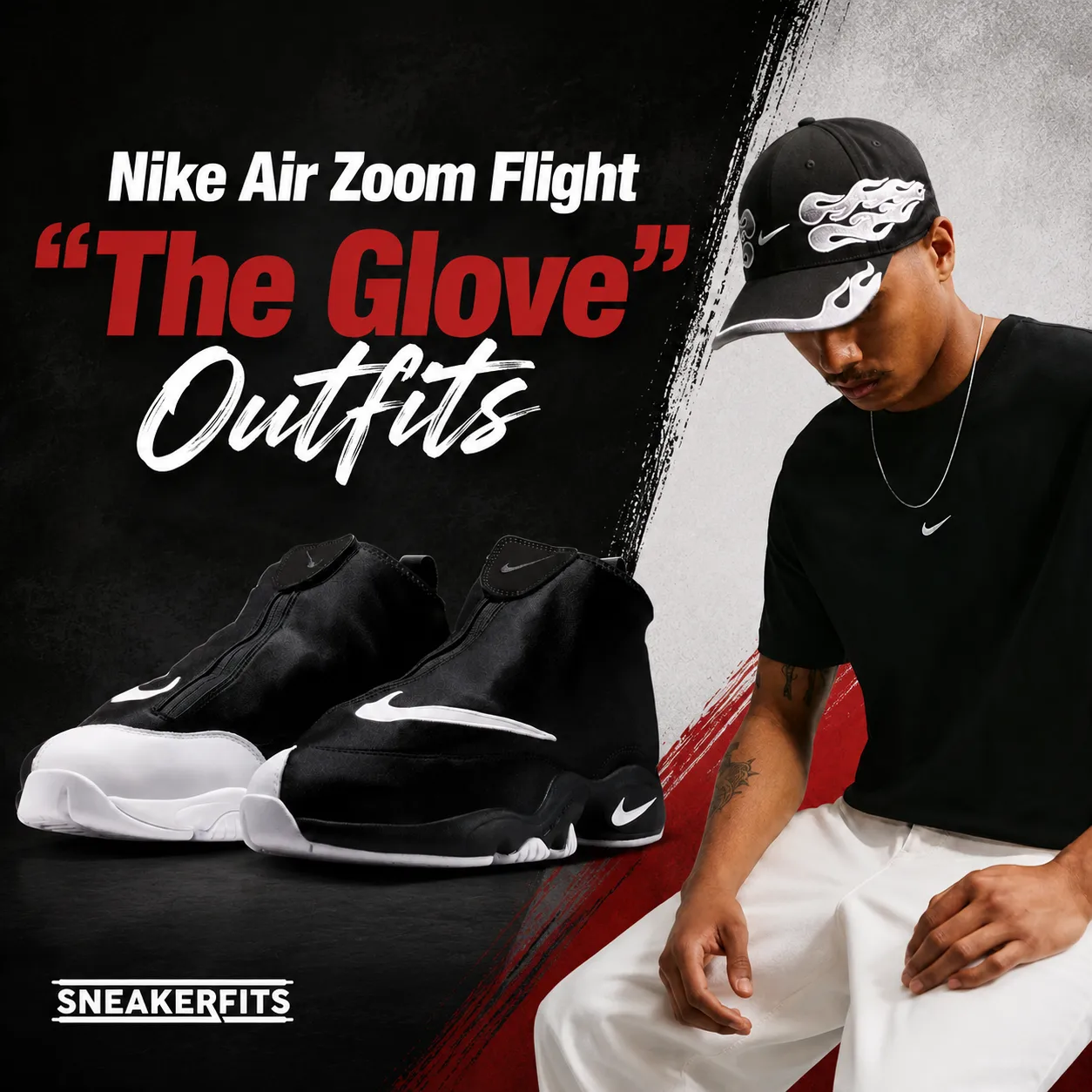 Nike Air Zoom Flight "The Glove" sneakers with matching Nike apparel and SneakerFits outfit inspiration graphic.