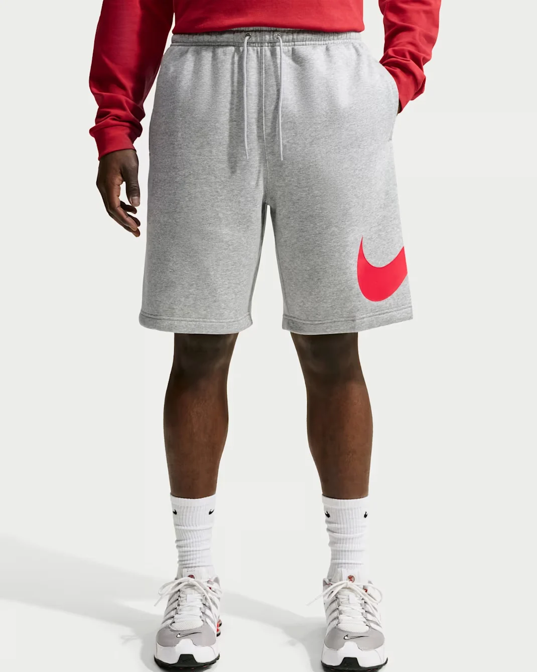 Nike Club fleece shorts in Grey Heather with Solar Red Swoosh