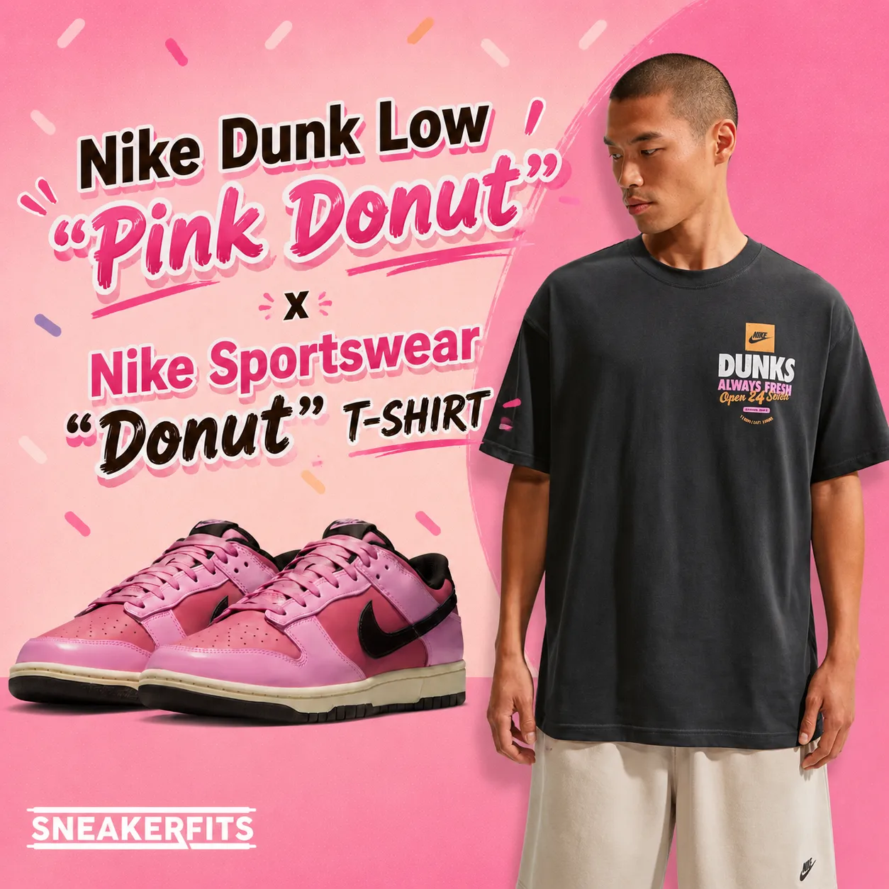 Nike Dunk Low "Pink Donut" sneakers paired with the Nike Sportswear "Donut" T-Shirt in Off Noir in a SneakerFits outfit inspiration graphic.