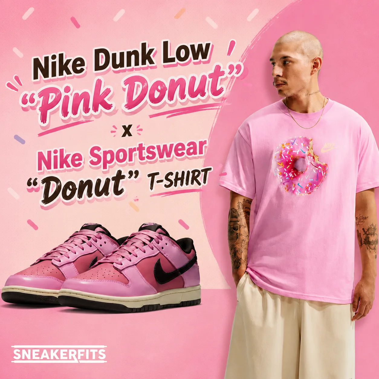 Nike Dunk Low "Pink Donut" sneakers paired with the Nike Sportswear "Donut" T-Shirt in a SneakerFits outfit inspiration graphic.