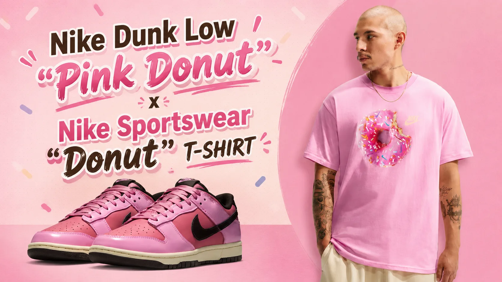 Nike Dunk Low "Pink Donut" sneakers paired with the Nike Sportswear "Donut" T-Shirt in a matching outfit inspiration graphic.