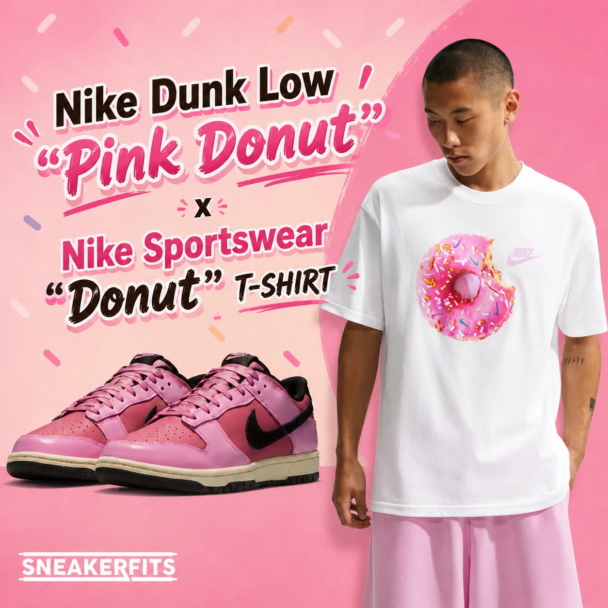 Nike Dunk Low "Pink Donut" sneakers paired with the Nike Sportswear "Donut" T-Shirt in White in a SneakerFits outfit inspiration graphic.