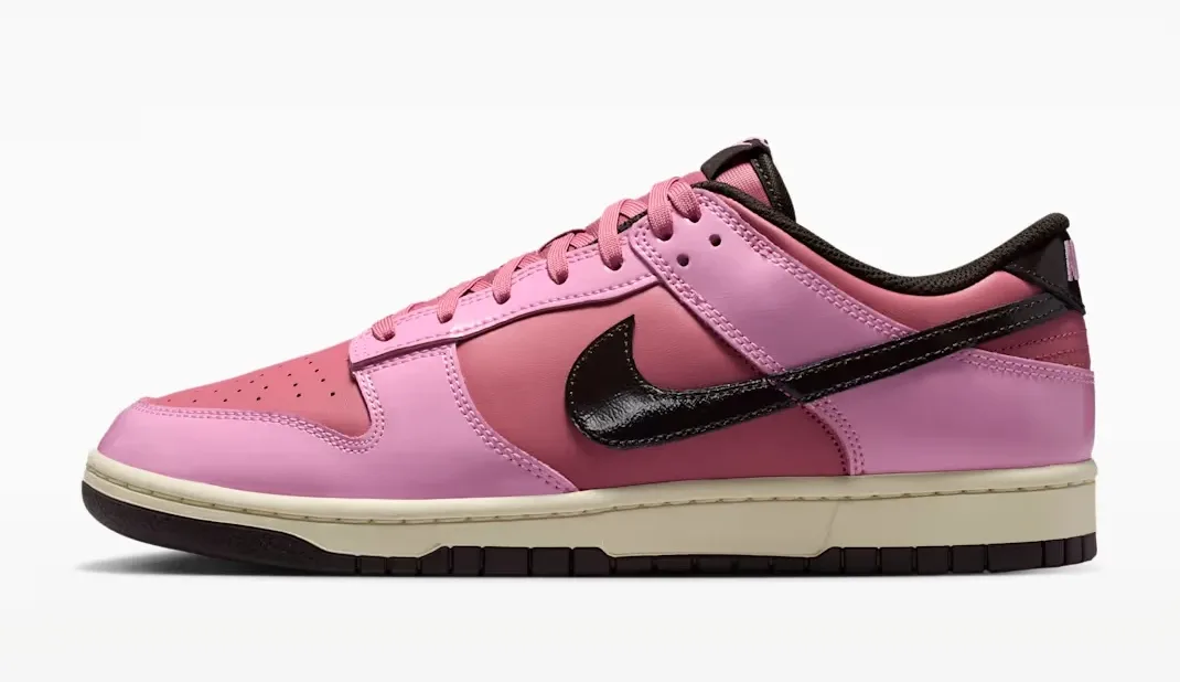 Left-facing side view of the Nike Dunk Low "Pink Donut" in Pink Rise, Elemental Pink, Beach and Velvet Brown.