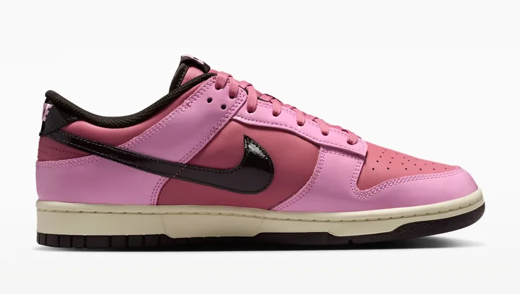 Right-facing side view of the Nike Dunk Low "Pink Donut" in Pink Rise, Elemental Pink, Beach and Velvet Brown.