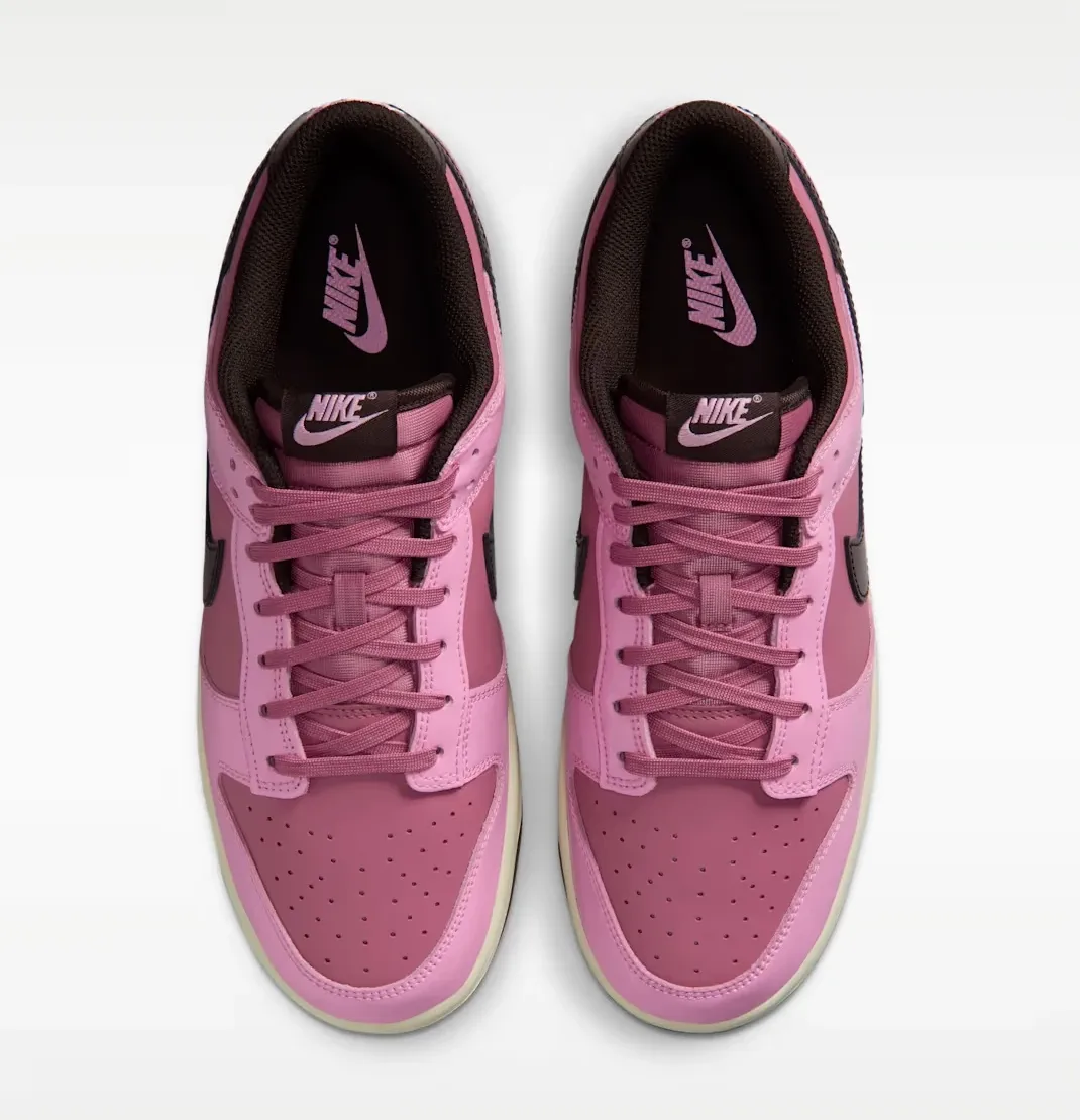 Top view of the Nike Dunk Low "Pink Donut" in Pink Rise, Elemental Pink, Beach and Velvet Brown.