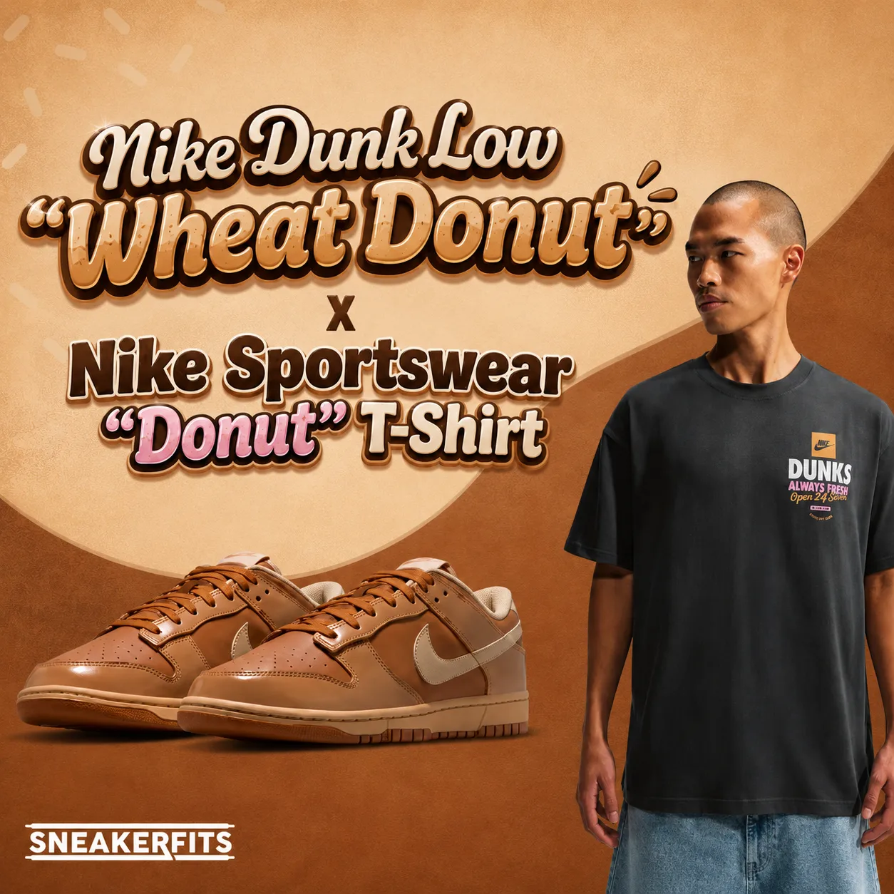 Square promotional image featuring the Nike Dunk Low "Wheat Donut" sneakers paired with the Nike Sportswear "Donut" T-Shirt for a matching outfit.