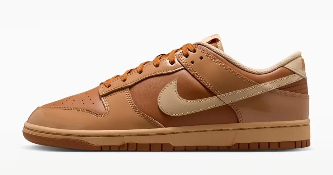 Left side profile of the Nike Dunk Low "Wheat Donut" in Tawny, Flax, Twine and Sesame.
