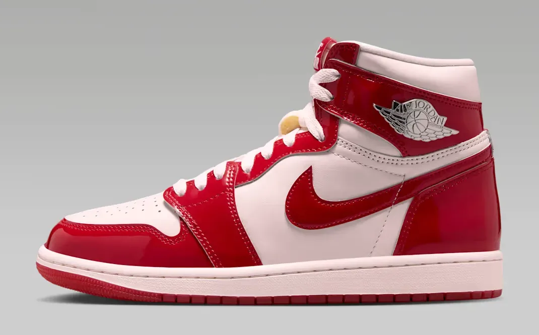 Air Jordan 1 High OG Nails and Grails in University Red, Light Soft Pink and Metallic Silver.