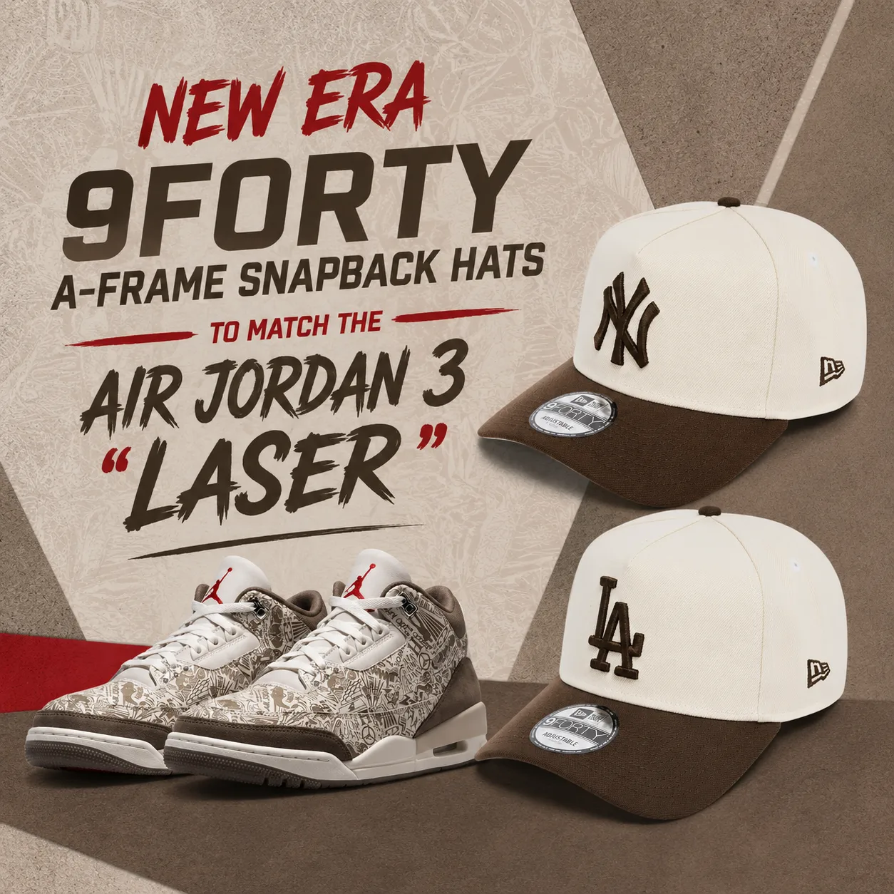 New Era Yankees and Dodgers 9FORTY A-Frame snapback hats in cream and brown with the Air Jordan 3 Laser sneakers.