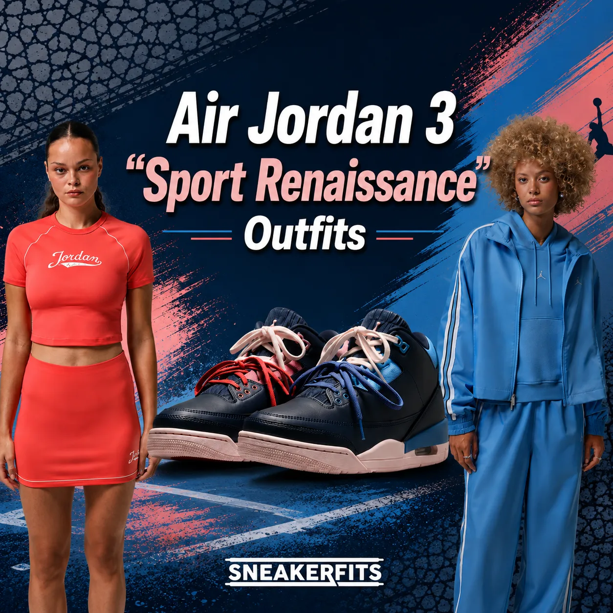 Air Jordan 3 Sport Renaissance sneakers with matching red and blue Jordan outfits for women