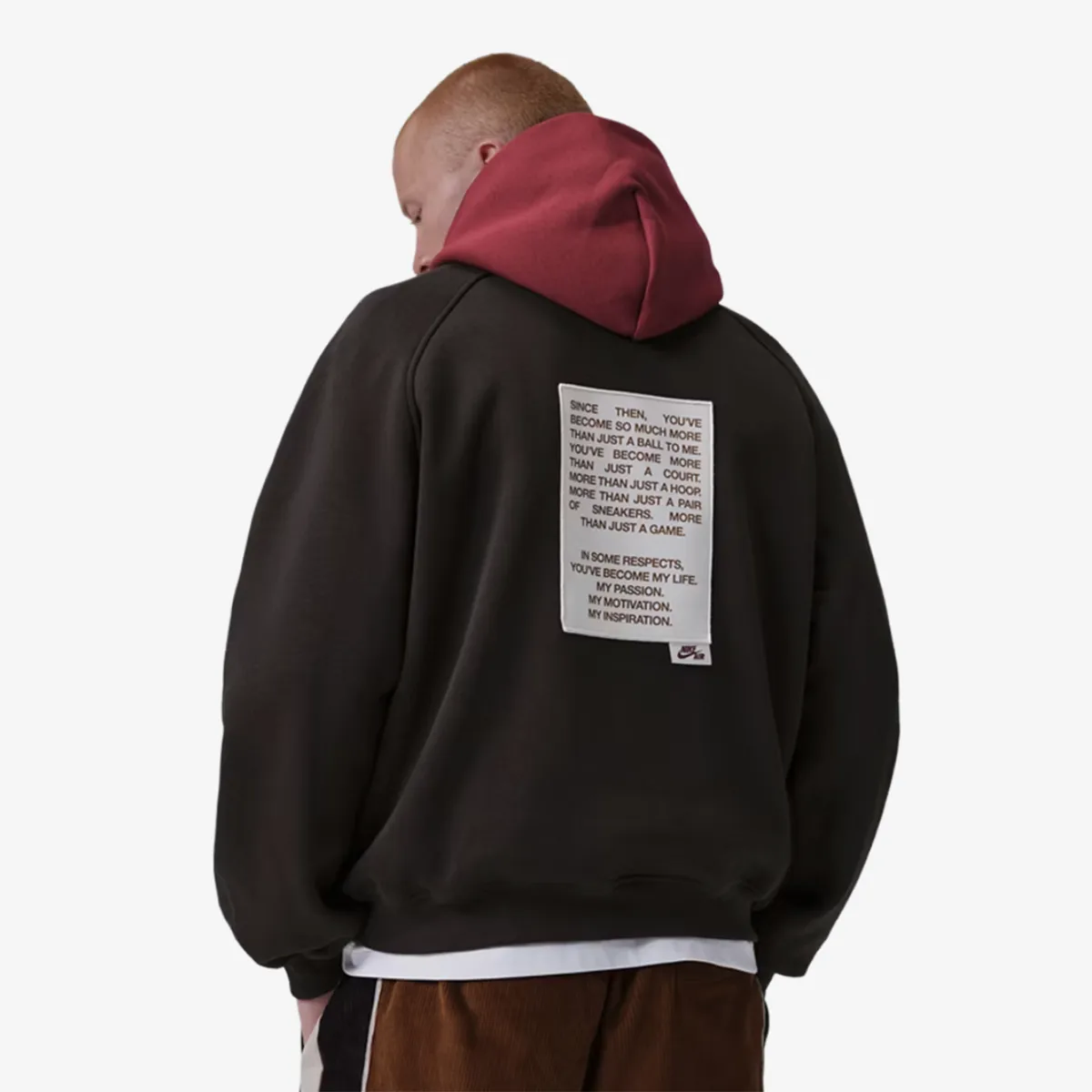 Jordan Brooklyn Love Letter Fleece Oversized Hoodie in brown with red hood and Love Letter graphic on back