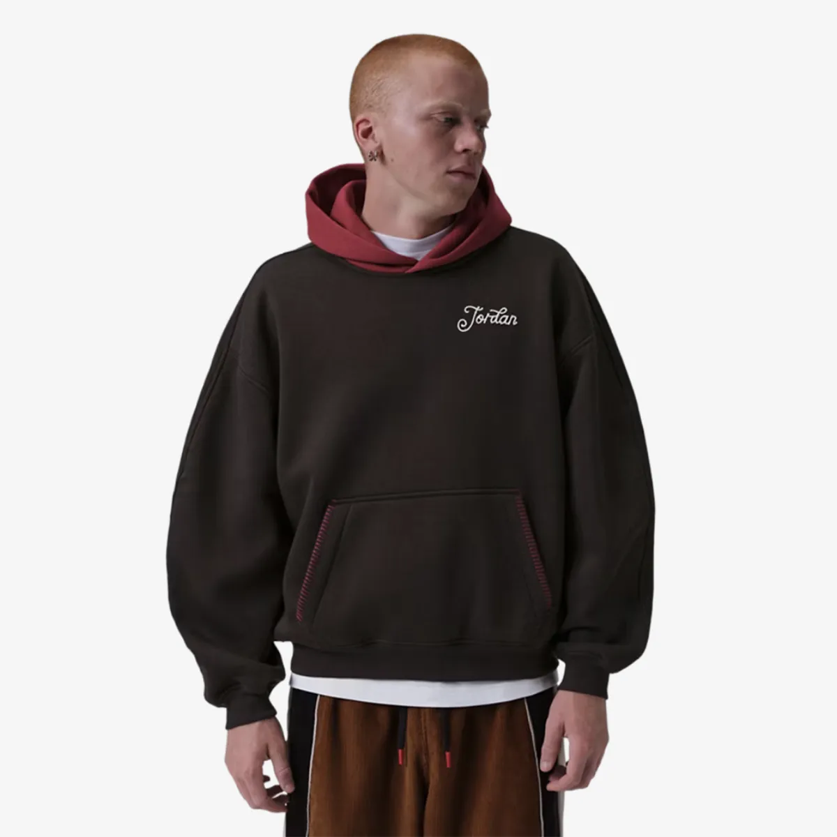 Jordan Brooklyn Love Letter Fleece Oversized Hoodie in brown with red hood and Jordan script logo