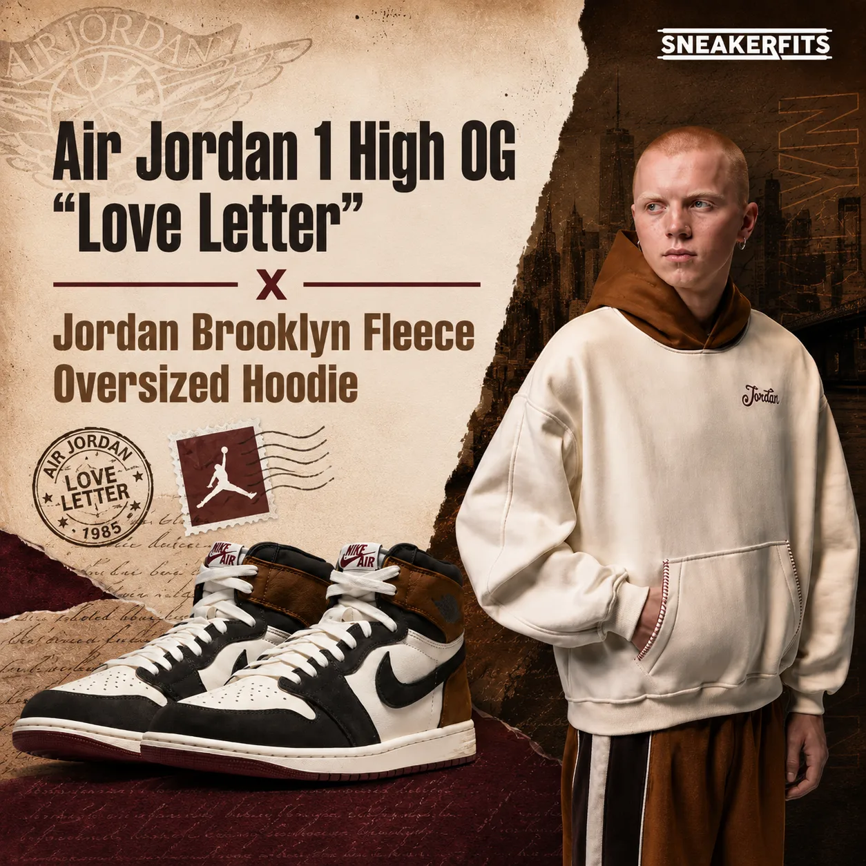 Air Jordan 1 High OG “Love Letter” with Jordan Brooklyn Fleece Oversized Hoodie in Sail and brown