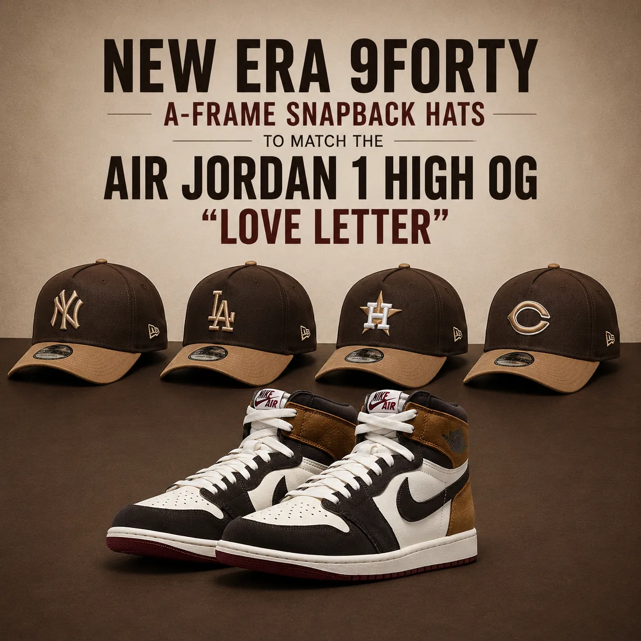 New Era 9FORTY A-Frame Snapback hats paired with the Air Jordan 1 High OG "Love Letter," featuring New York Yankees, Los Angeles Dodgers, Houston Astros and Cincinnati Reds color-matching caps.