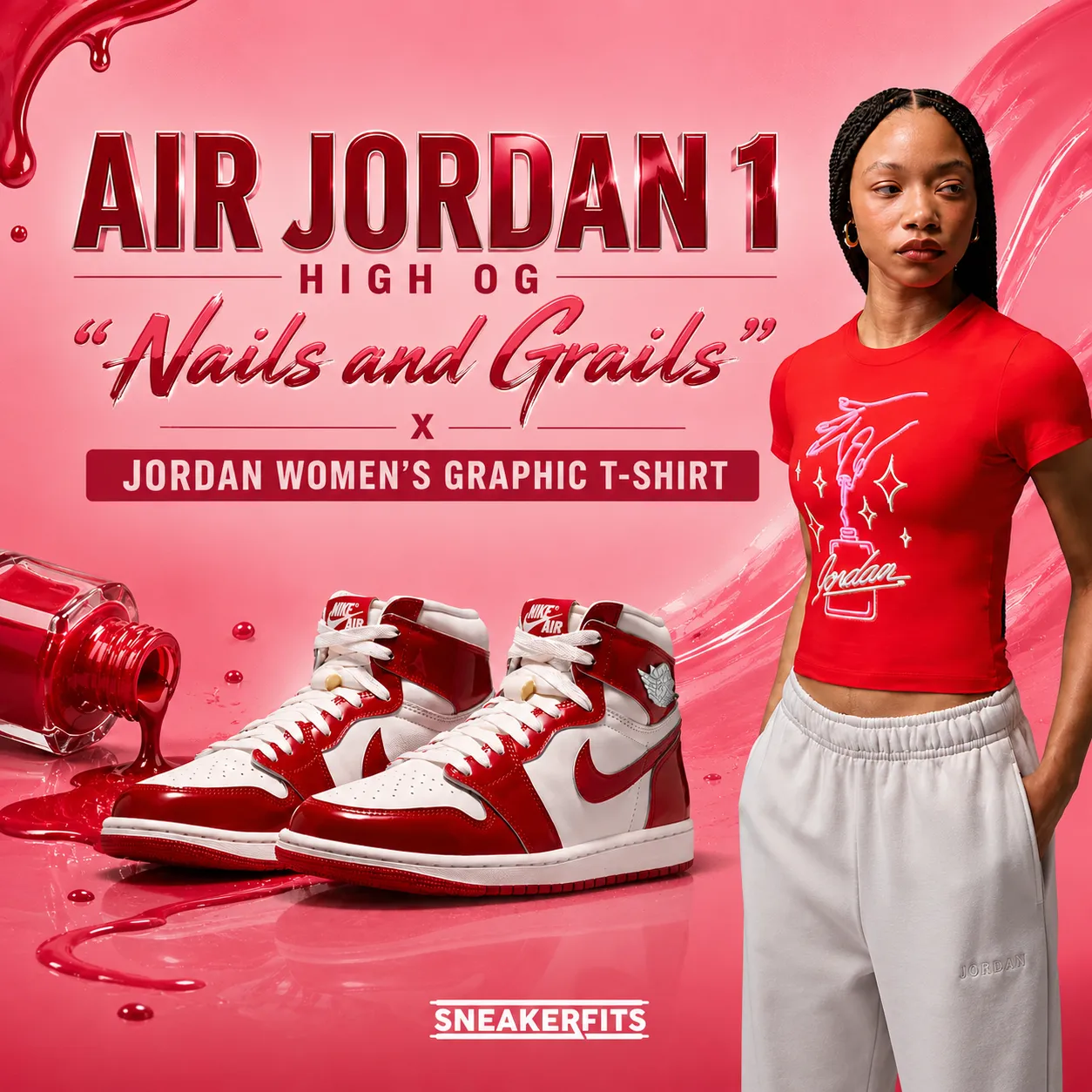 Air Jordan 1 High OG Nails and Grails with matching University Red Jordan Women’s Graphic T-Shirt.