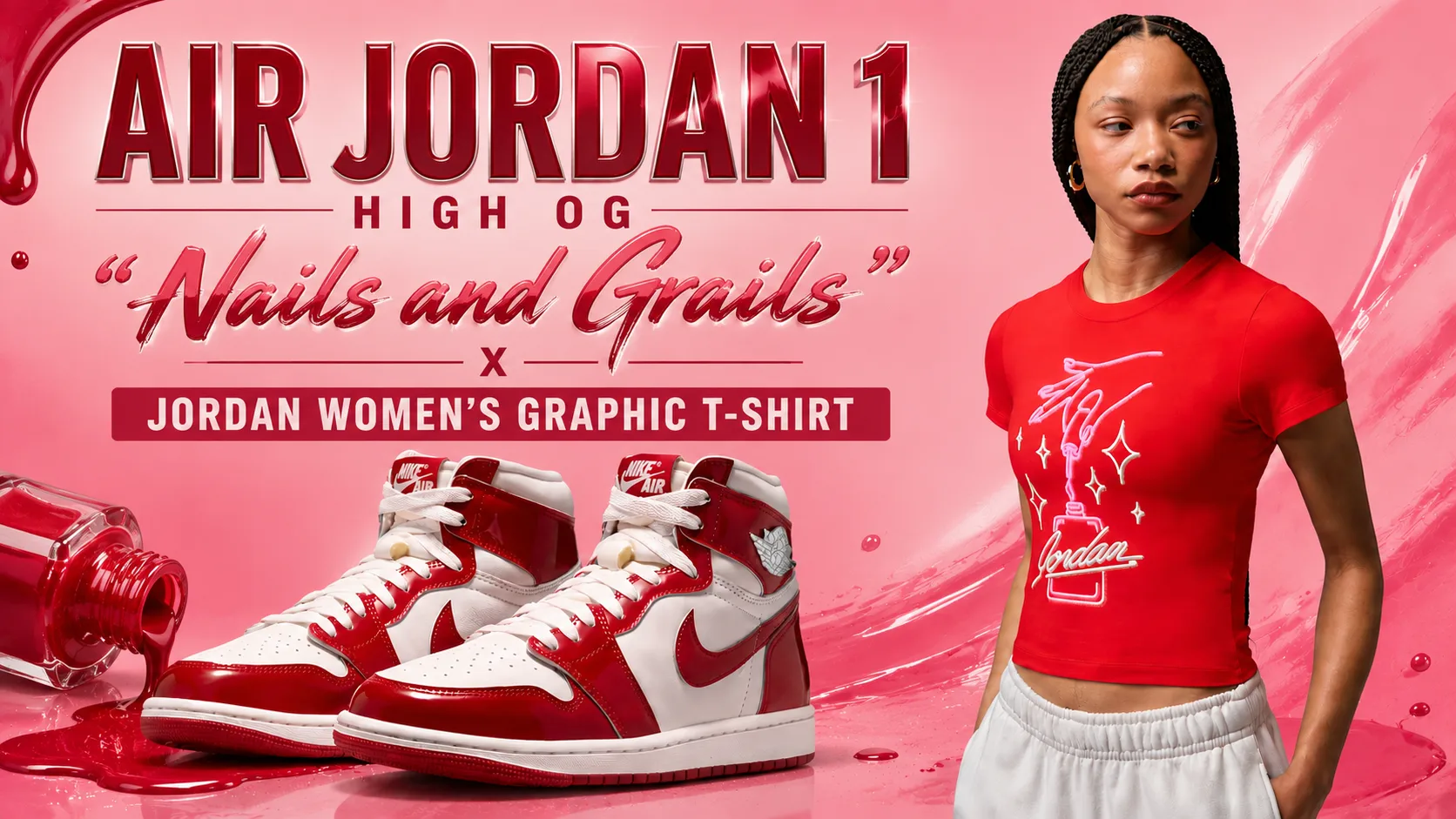 Air Jordan 1 High OG Nails and Grails with matching University Red Jordan Women’s Graphic T-Shirt.