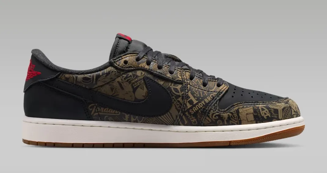 Side view of the Air Jordan 1 Low OG Laser in Black, Summit White and Varsity Red with laser-etched graphics.