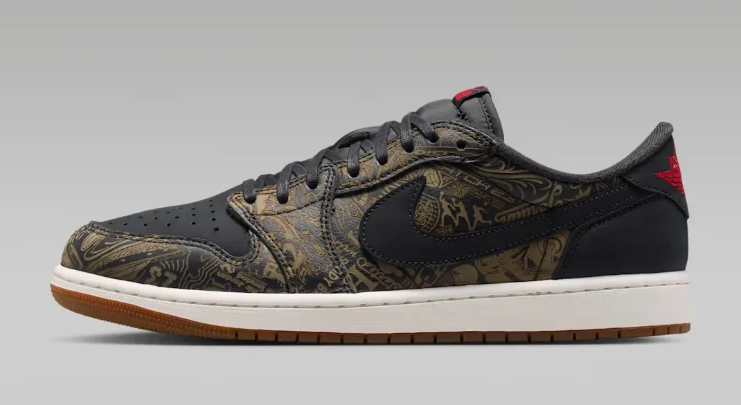 Side profile of the Air Jordan 1 Low OG Laser featuring a black Swoosh, laser-etched graphics, white midsole and gum outsole.