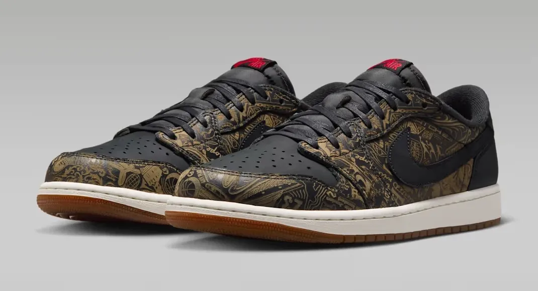 Pair of Air Jordan 1 Low OG Laser sneakers in Black, Summit White and Varsity Red from an angled view.