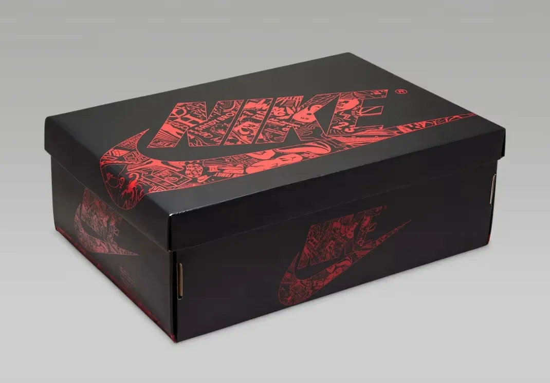 Air Jordan 1 Low OG Laser black shoe box with red Nike graphics and laser-inspired artwork.