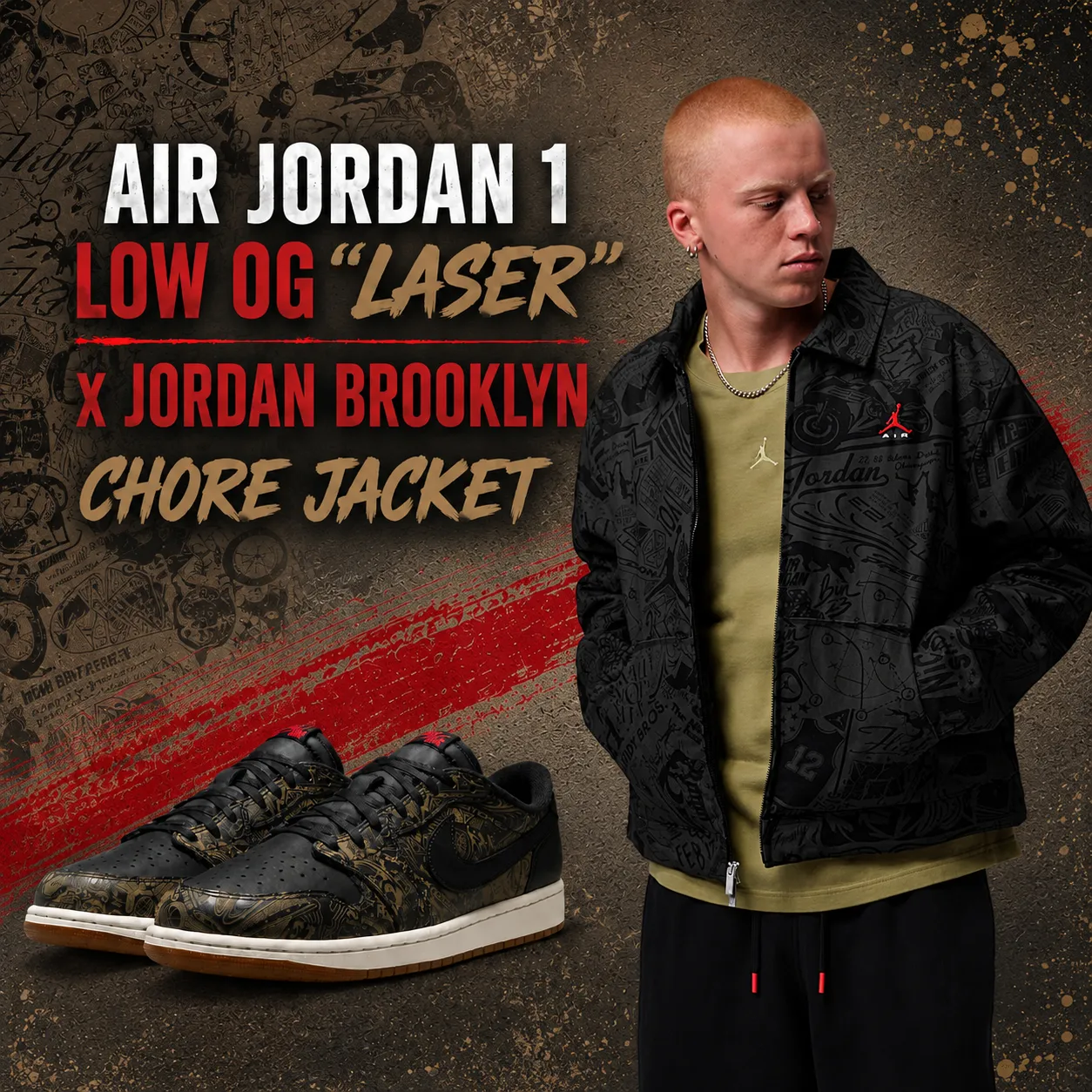 Air Jordan 1 Low OG “Laser” sneakers paired with the Jordan Brooklyn Chore Jacket.