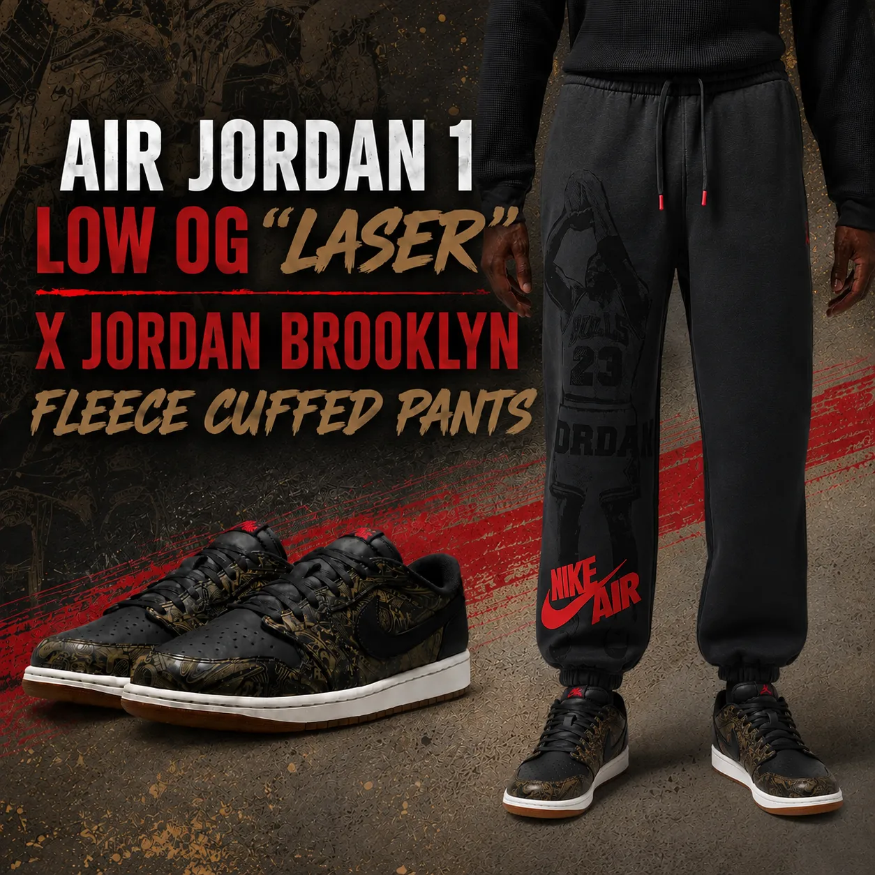 Air Jordan 1 Low OG “Laser” sneakers with matching Jordan Brooklyn Fleece Cuffed Pants.