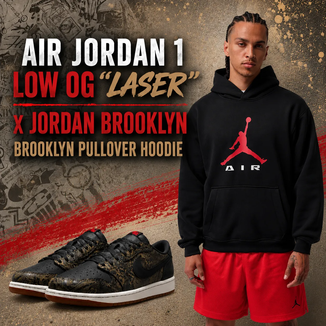 Air Jordan 1 Low OG “Laser” sneakers paired with the black Jordan Brooklyn Pullover Hoodie.
