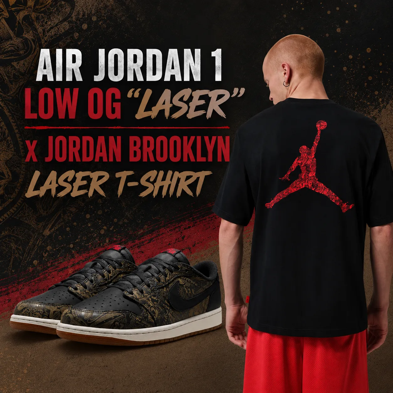Air Jordan 1 Low OG “Laser” sneakers with matching Jordan Brooklyn Laser T-Shirt in black and red.