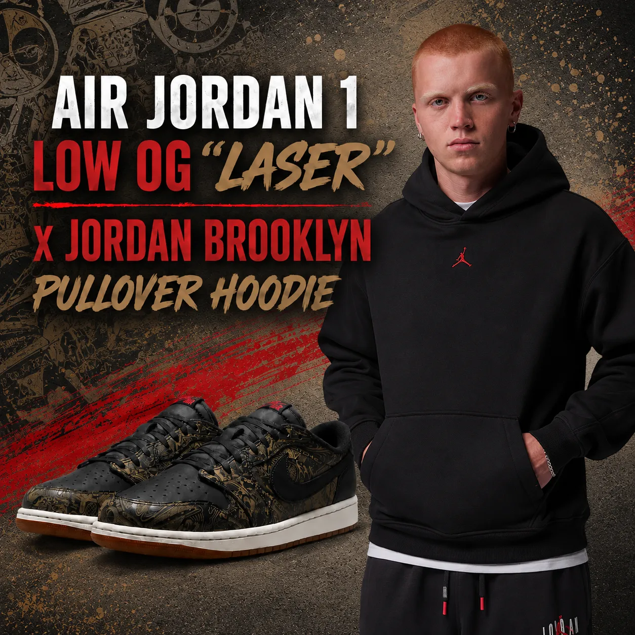 Air Jordan 1 Low OG “Laser” sneakers with the black Jordan Brooklyn Pullover Hoodie.