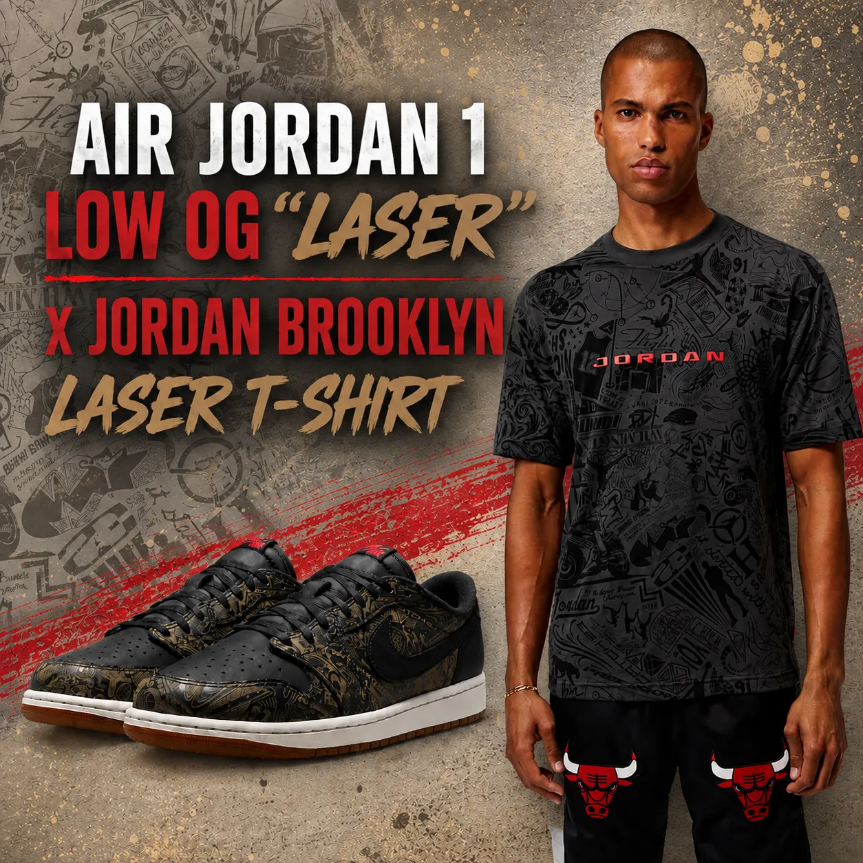 Air Jordan 1 Low OG “Laser” sneakers with a matching Jordan Brooklyn graphic T-shirt in black and red.